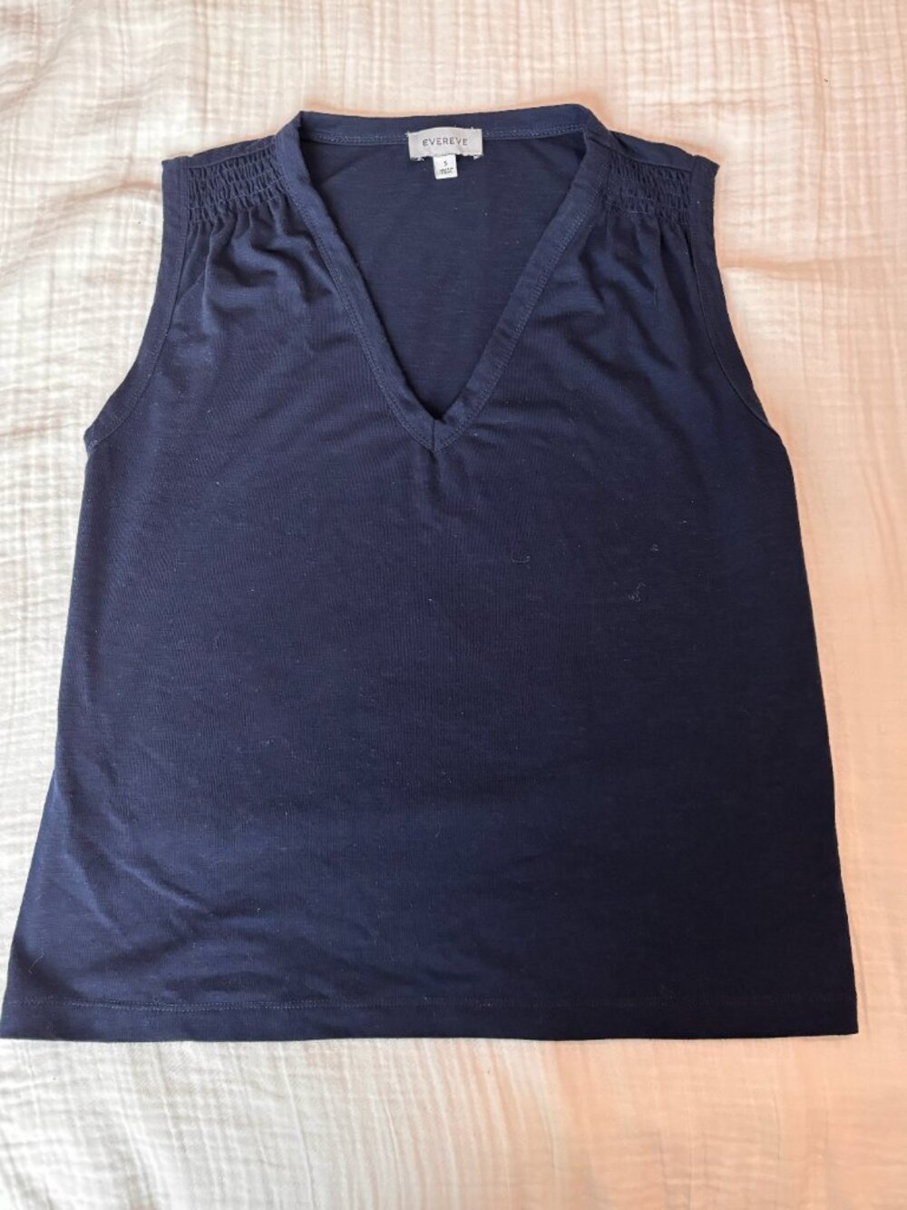 Evereve Navy Blue V-Neck Tank Top Ruched Shoulders